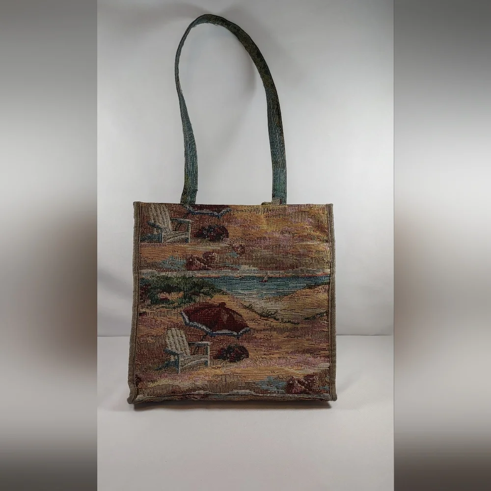 Jade Vintage Multicolor Coastal Beach Scene Tapestry Tote E/ Coin Purse